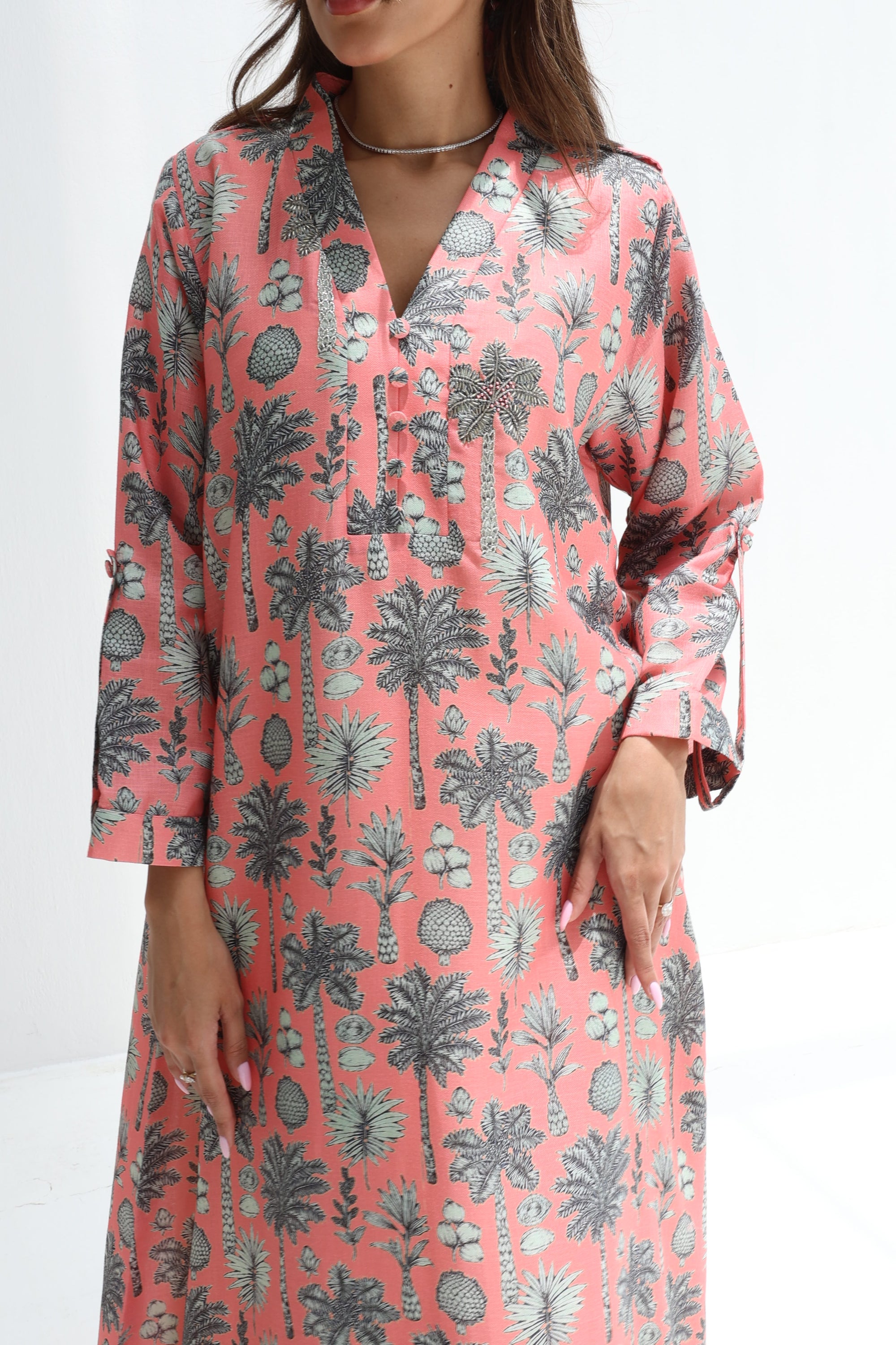 Long sleeve detail on Coral Botanical Sketch Linen Blend Jalabiya