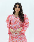 Coral Fan Palm Linen Blend Jalabiya V neckline detail