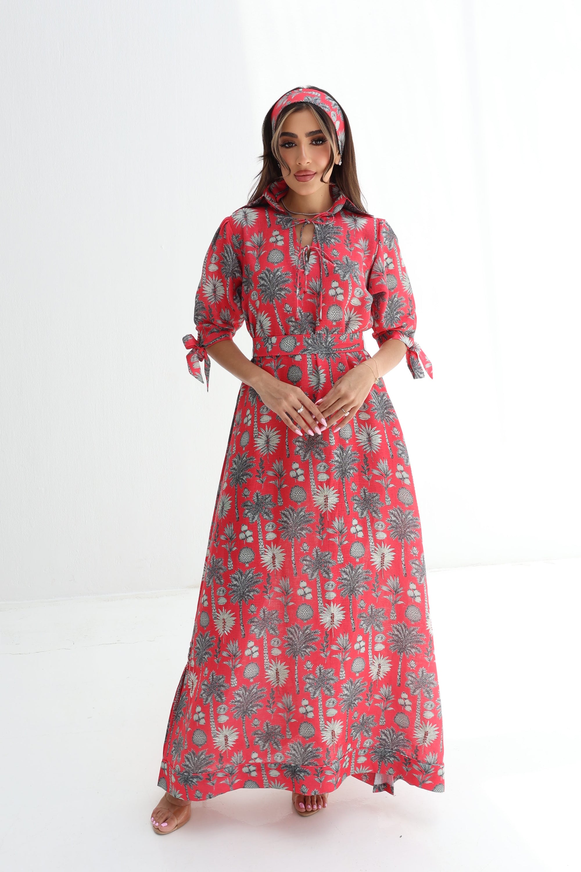 Coral Palm Heritage Embellished Linen Blend Dress full-length front view