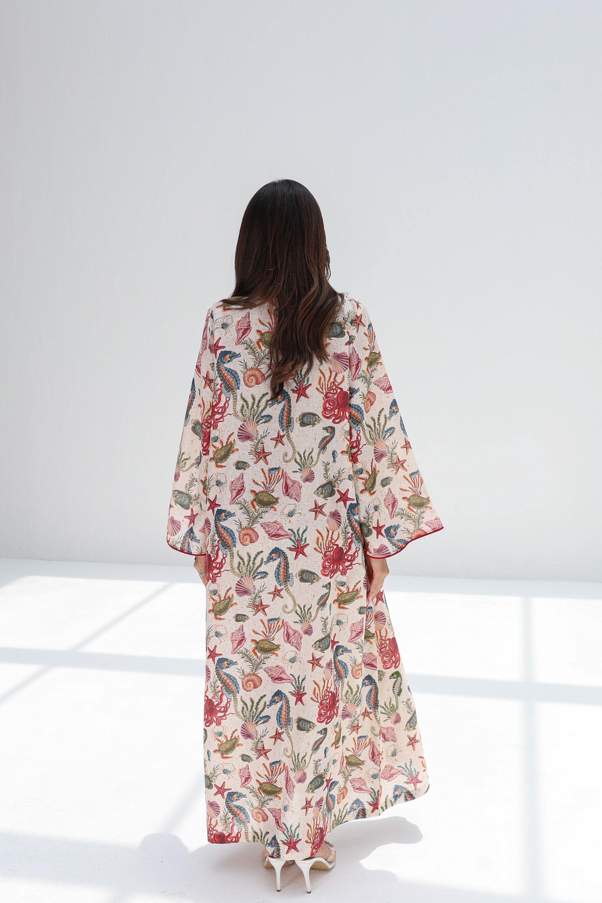  Full-length back view of Coral Reef Embellished Jalabiya showing the colorful marine-inspired print
