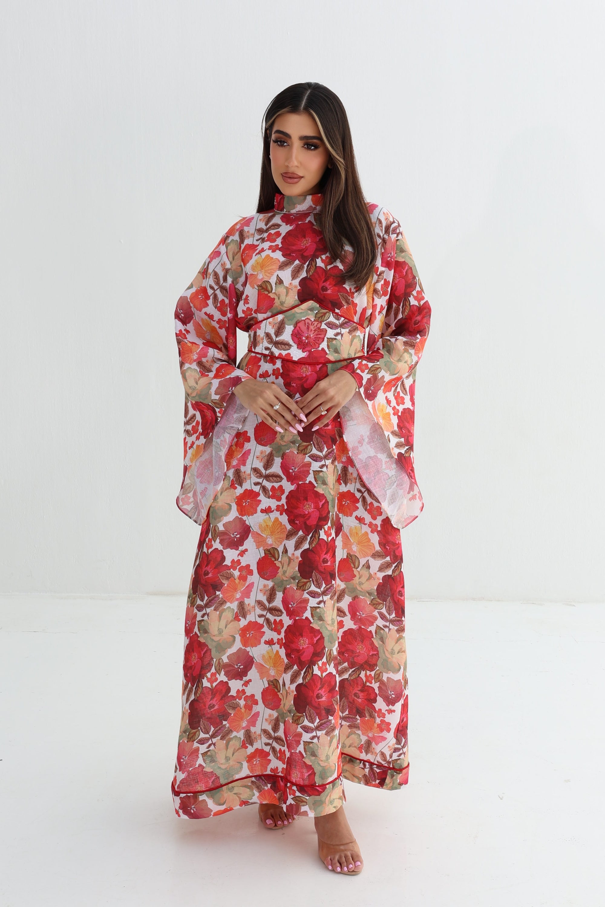 Crimson Bloom Embellished Linen Blend Dress full-length front view