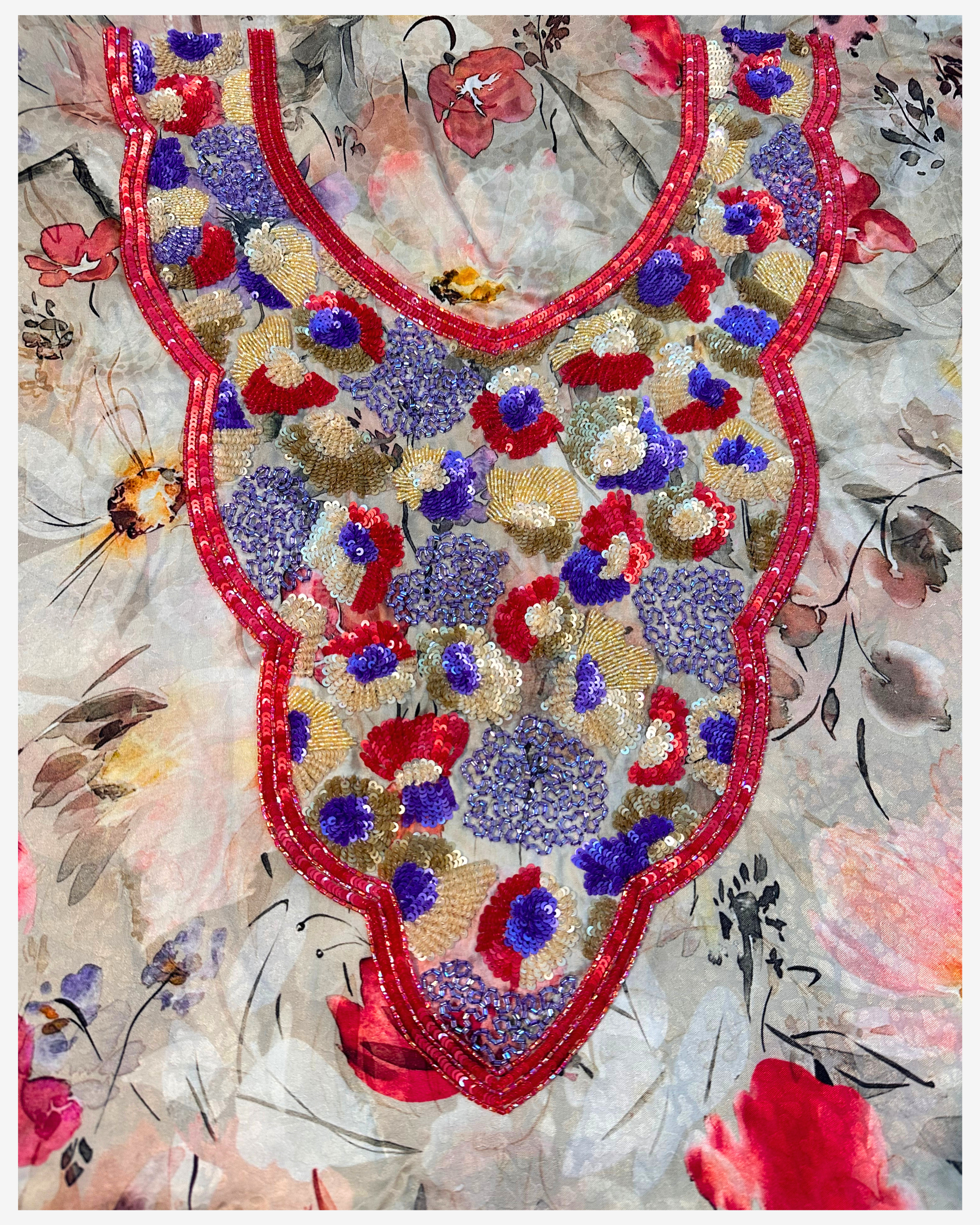 Crimson Garden floral silk unstitched fabric with hand embellished neckline and front design