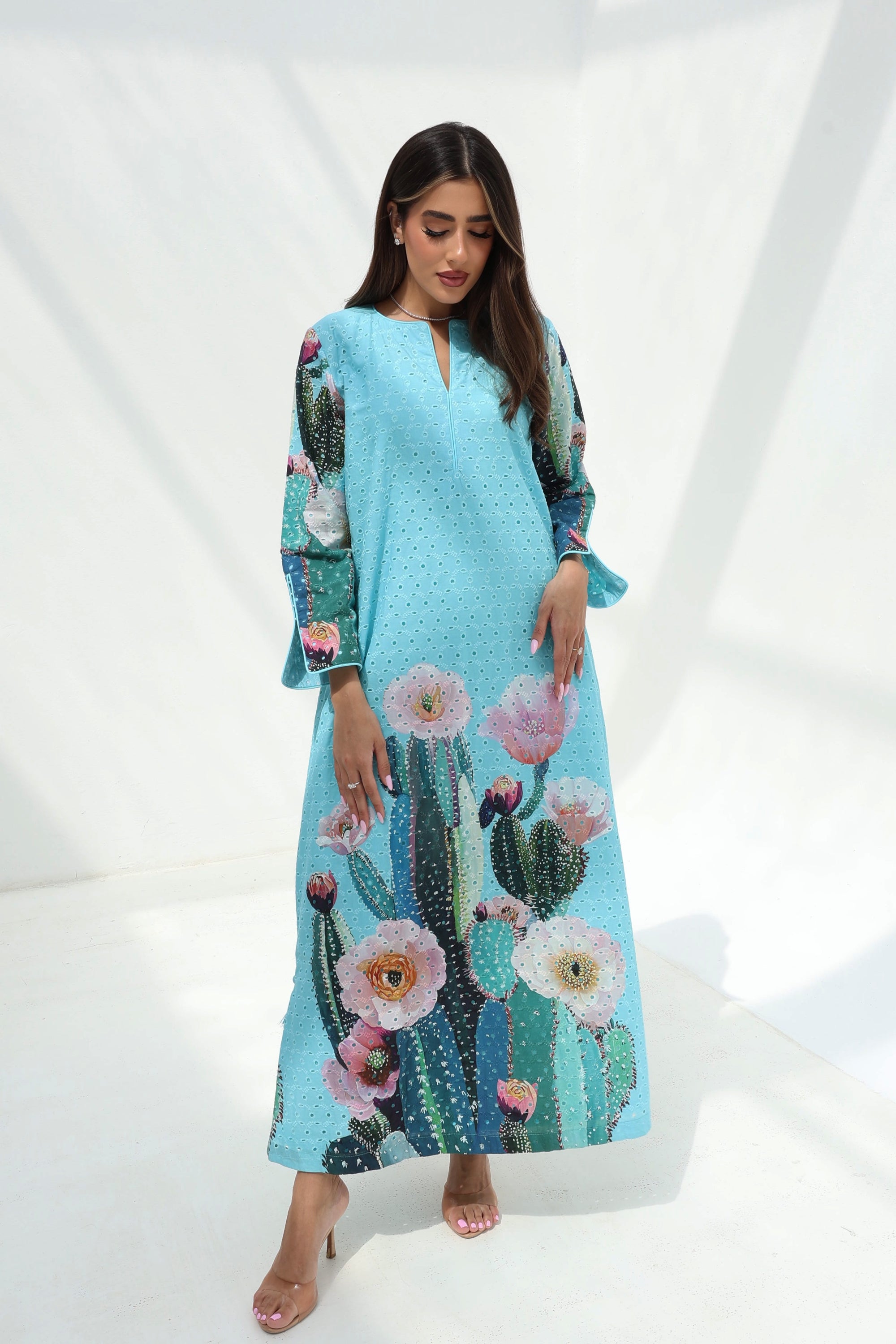 Desert Cactus Floral Print Cotton Jalabiya front view with eyelet textured cotton fabric