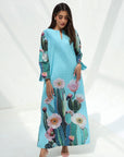 Desert Cactus Floral Print Cotton Jalabiya front view with eyelet textured cotton fabric
