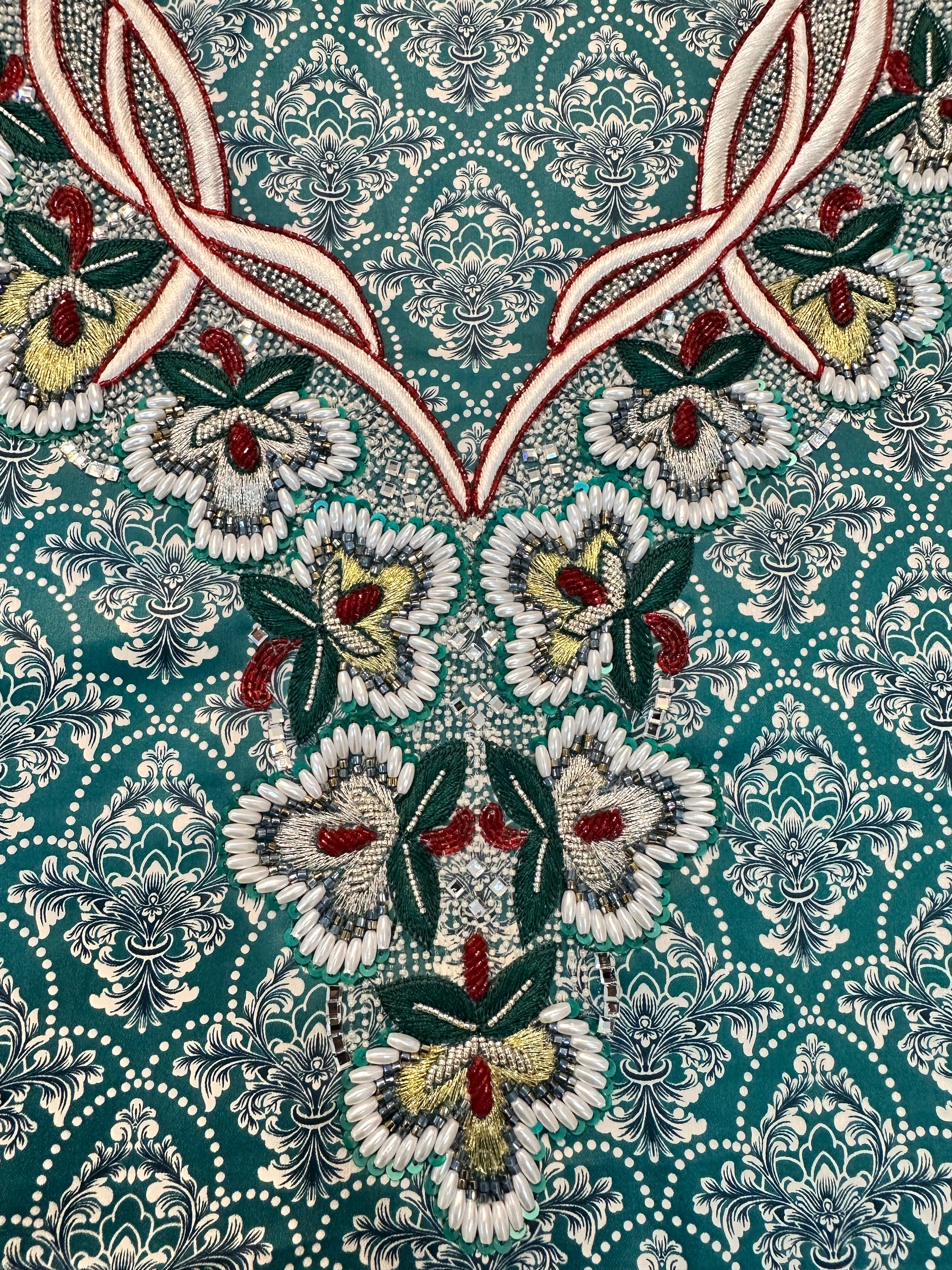 Close-up of the embroidered neckline on the Teal Heritage Liberty Cotton Mukhawar showcasing intricate detailing on premium Japan Liberty cotton fabric.