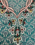 Close-up of the embroidered neckline on the Teal Heritage Liberty Cotton Mukhawar showcasing intricate detailing on premium Japan Liberty cotton fabric.