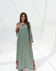 Emerald Mosaic Floral Linen Blend Jalabiya full length front view