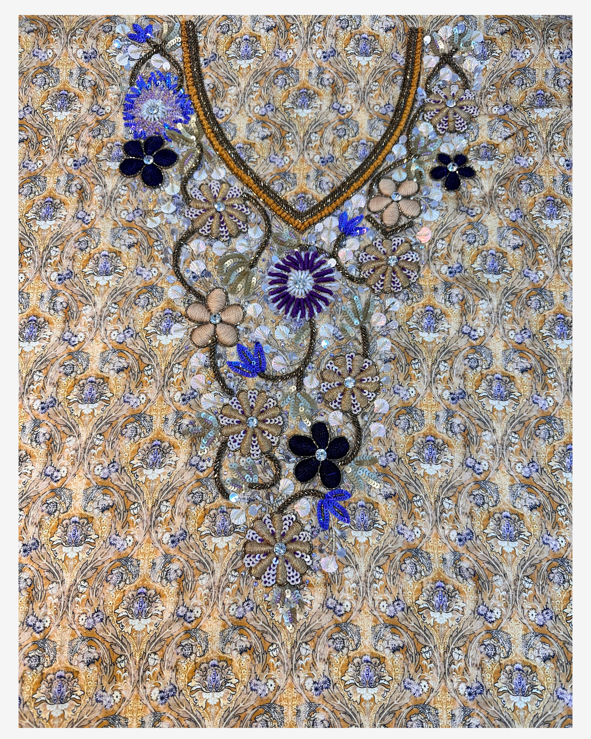 Golden Nocturne gold paisley mukhawar featuring floral beadwork across the neckline and front panel.