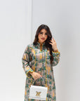 Golden Palm Linen Blend Jalabiya Palm Print Detail