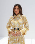 Collar detail on Golden Palm Toile Linen Blend Jalabiya