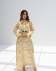 Golden Palm Toile Linen Blend Jalabiya full length front view