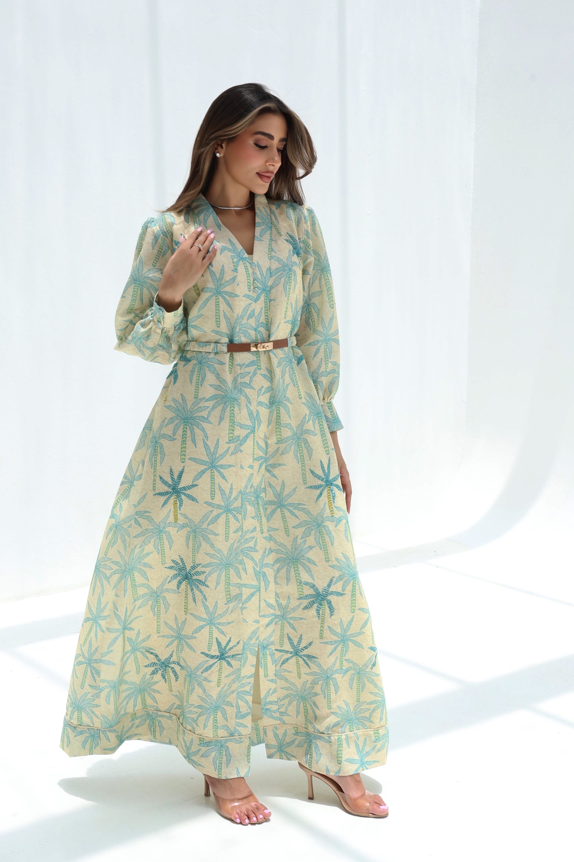 Full-length mint Signature Hand Embellished Linen Blend Dress with flowing silhouette