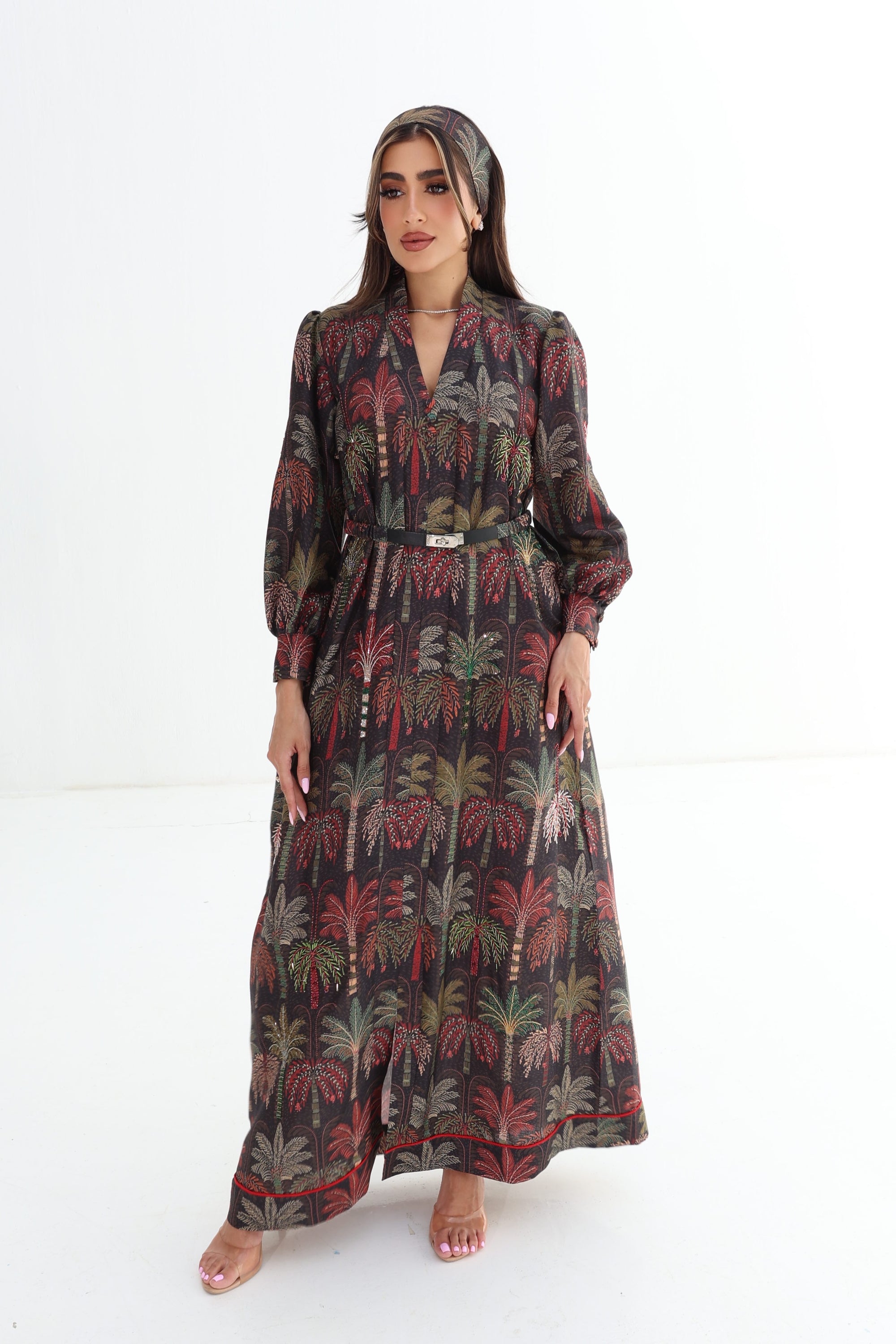Full-length dark Signature Hand Embellished Linen Blend Dress with botanical print
