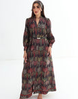 Full-length dark Signature Hand Embellished Linen Blend Dress with botanical print