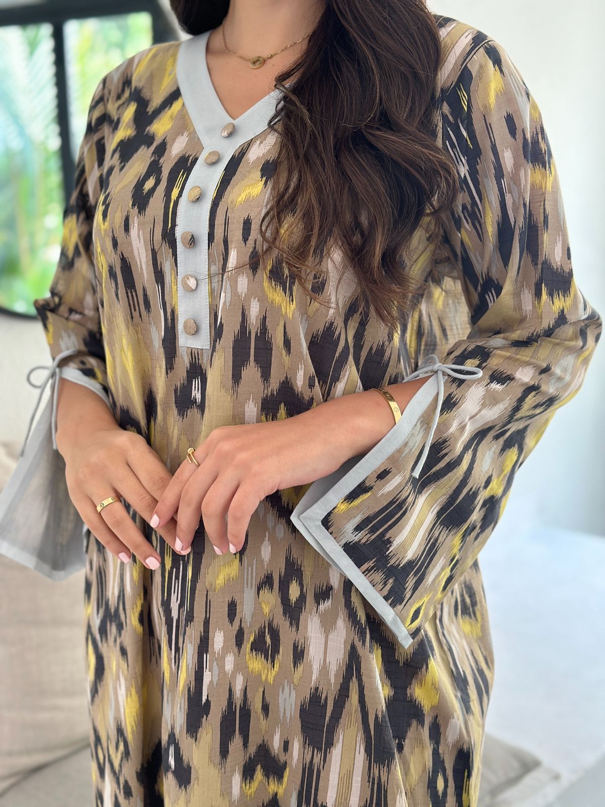 Ikat print detail on Nahla Cotton Jalabiya