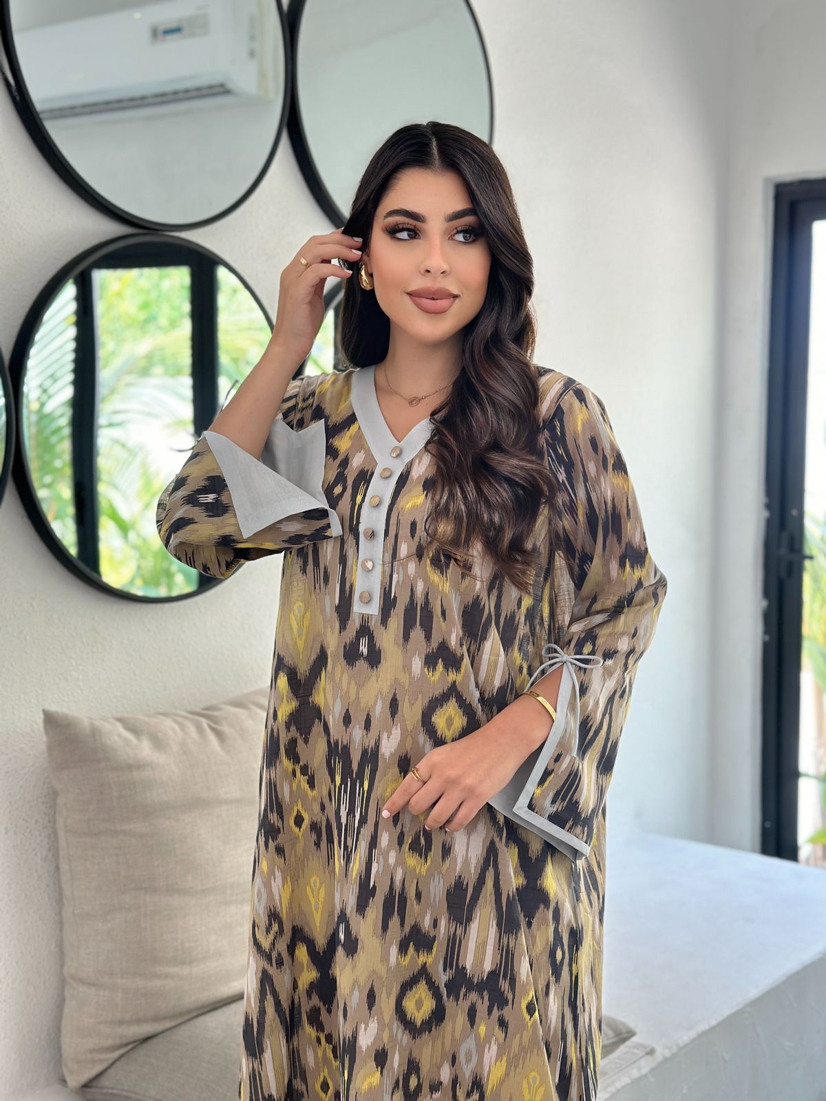  cotton jalabiya in beige and gold ikat pattern by Gharza Couture