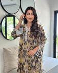  cotton jalabiya in beige and gold ikat pattern by Gharza Couture
