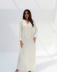 Ivory Pearl Embellished Crepe Jalabiya with embroidered neckline and cuffs