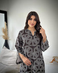 Layla Noir Jalabiya by Gharza Couture featuring a black geometric print design