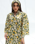 Elegant stand collar on Lemon Blossom Embellished Linen Blend Dress