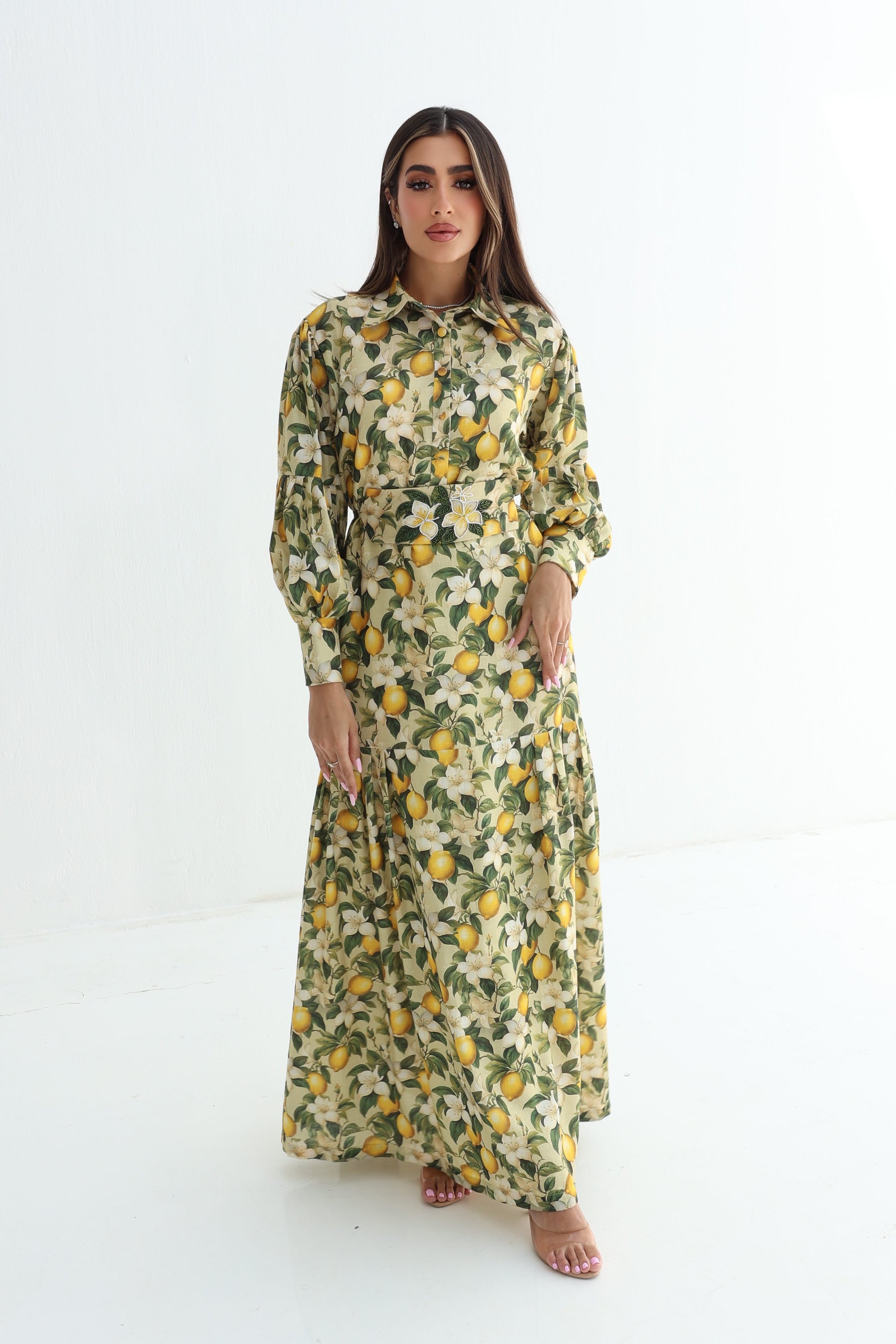 Lemon Blossom Embellished Linen Blend Dress floral citrus print