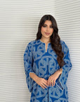 Detail view of geometric print on Liyana Sapphire Jalabiya