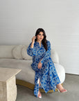 Liyana Sapphire Jalabiya in elegant sapphire blue geometric print