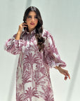 Gathered sleeve detail on rose botanical linen blend jalabiya for women