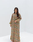 Meadow Floral Hand Embellished Linen Blend Jalabiya front view