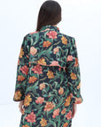 Botanical floral print detail on Midnight Autumn Bloom Embellished Linen Blend Jalabiya