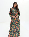 Midnight Autumn Bloom Embellished Linen Blend Jalabiya full-length front view