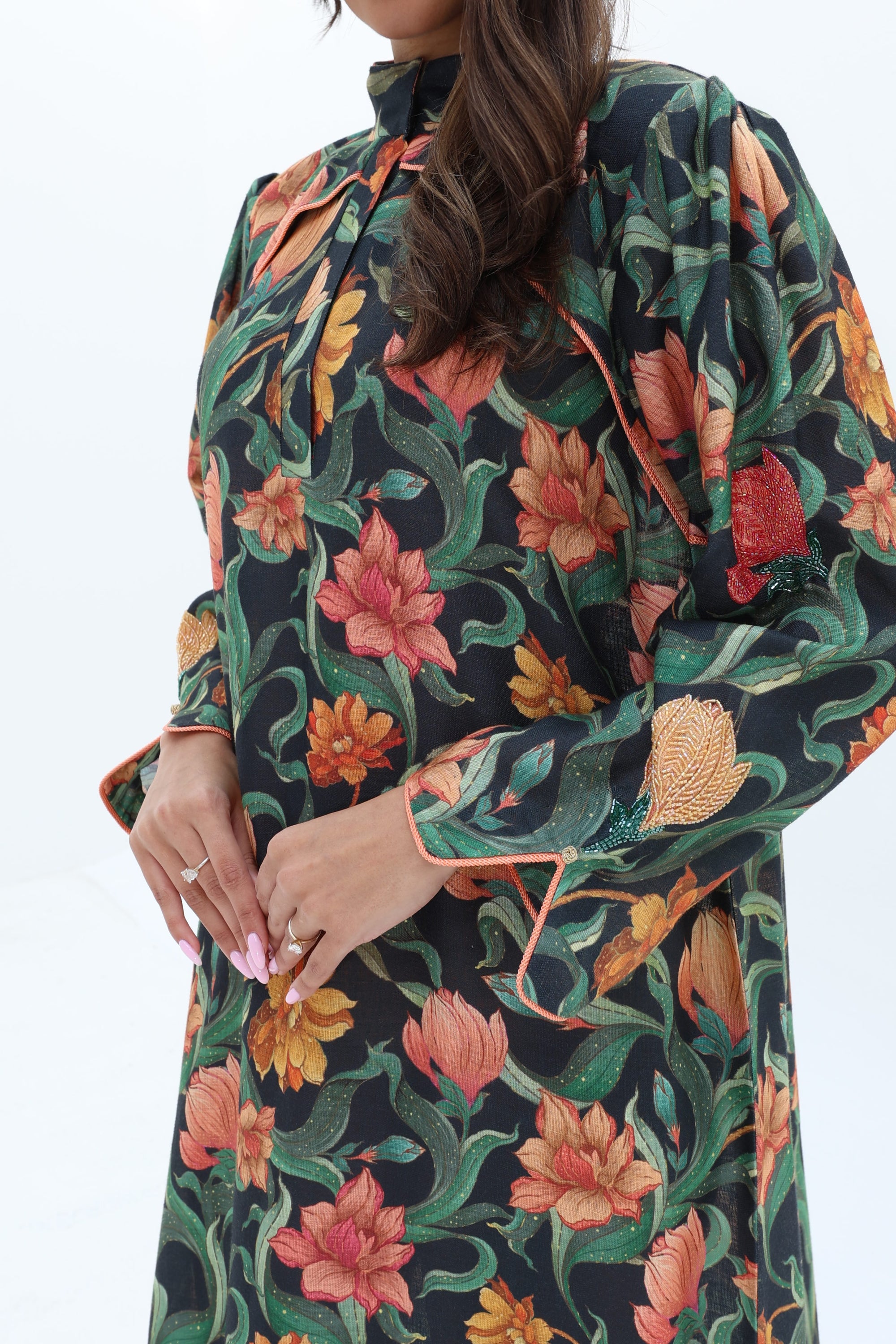 Botanical floral print detail on Midnight Autumn Bloom Embellished Linen Blend Jalabiya