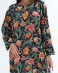 Hand embellished neckline on Midnight Botanical Linen Blend Dress