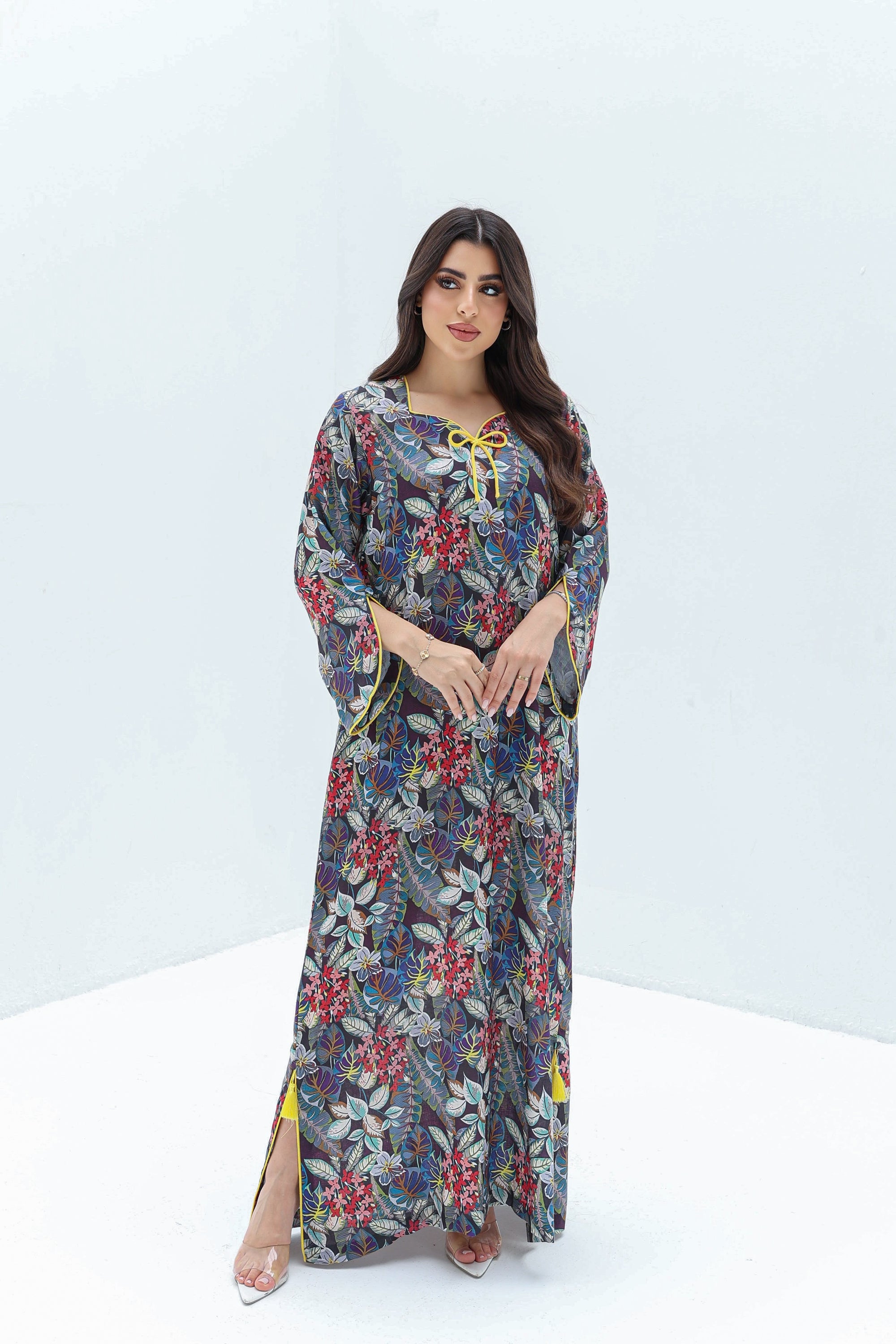 Midnight Botanical Print Linen Blend Jalabiya for Women