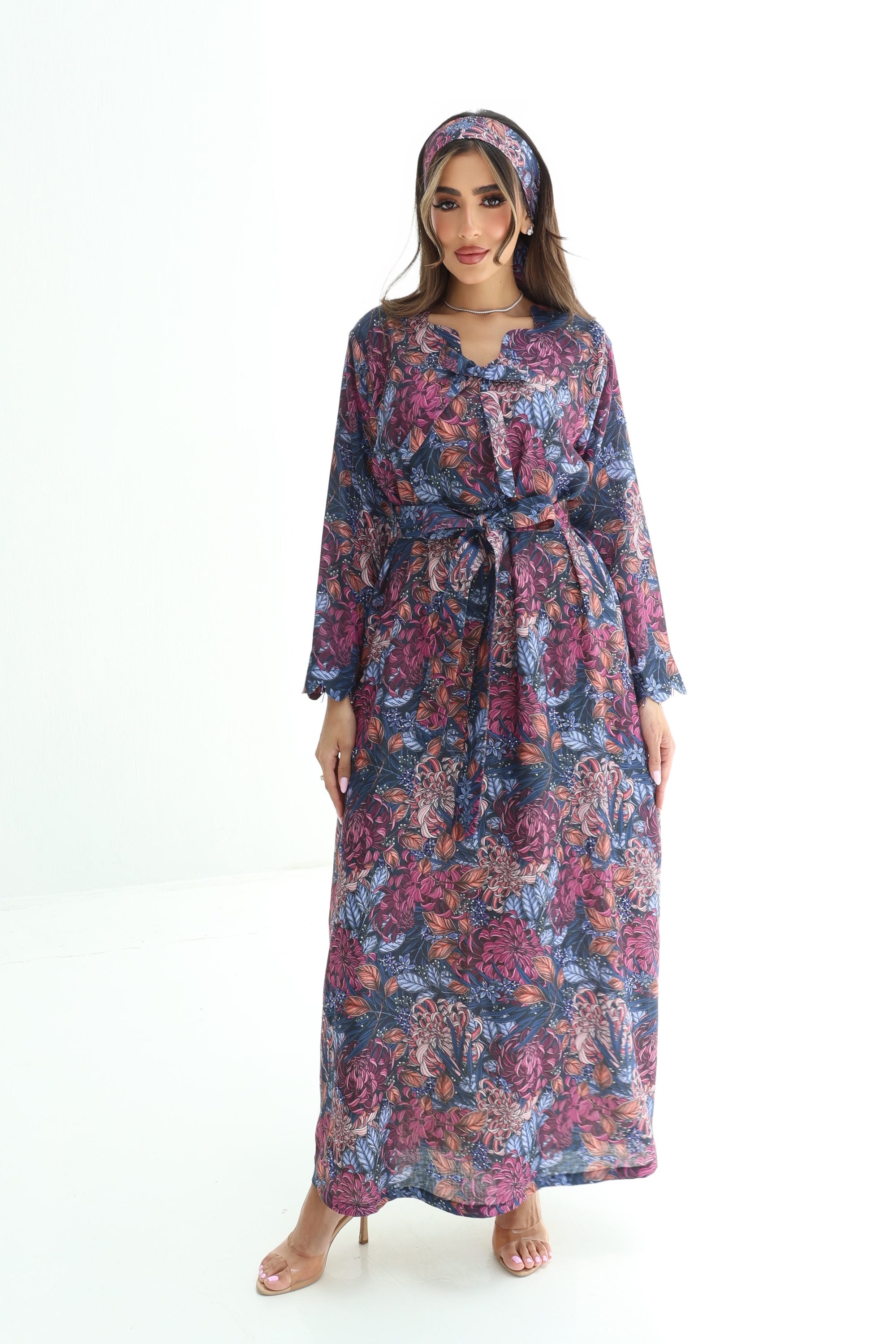 Midnight Chrysanthemum Embellished Linen Blend Jalabiya full-length front view