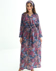 Midnight Chrysanthemum Embellished Linen Blend Jalabiya full-length front view