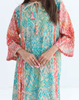 Mixed Paisley Print Cotton Jalabiya Tassel Neckline Detail