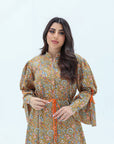 Mustard Floral Linen Blend Jalabiya neckline detail