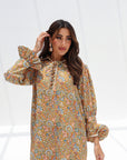Mustard Paisley Floral Linen Blend Jalabiya lace-up neckline detail