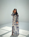 Women's Botanical Palm Print Linen Blend Jalabiya in Navy Blue and Ivory
