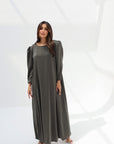 Olive Luxe Silk Jalabiya with elegant puff sleeves