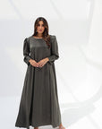 Olive Luxe Silk Jalabiya with elegant puff sleeves