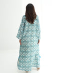 Hand embellished neckline on Ornamental Trellis Linen Blend Jalabiya