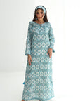 Ornamental Trellis Embellished Linen Blend Jalabiya full-length front view
