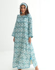Ornamental Trellis Embellished Linen Blend Jalabiya full-length front view