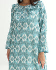 Hand embellished neckline on Ornamental Trellis Linen Blend Jalabiya