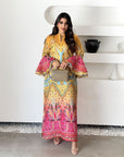 Full length multicolor bell sleeve jalabiya by Gharza Couture