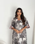 Palm Landscape Print Linen Blend Jalabiya Neckline and Piping Detail