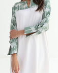 Palm Pleated Panel Linen Blend Dress embellished neckline detail