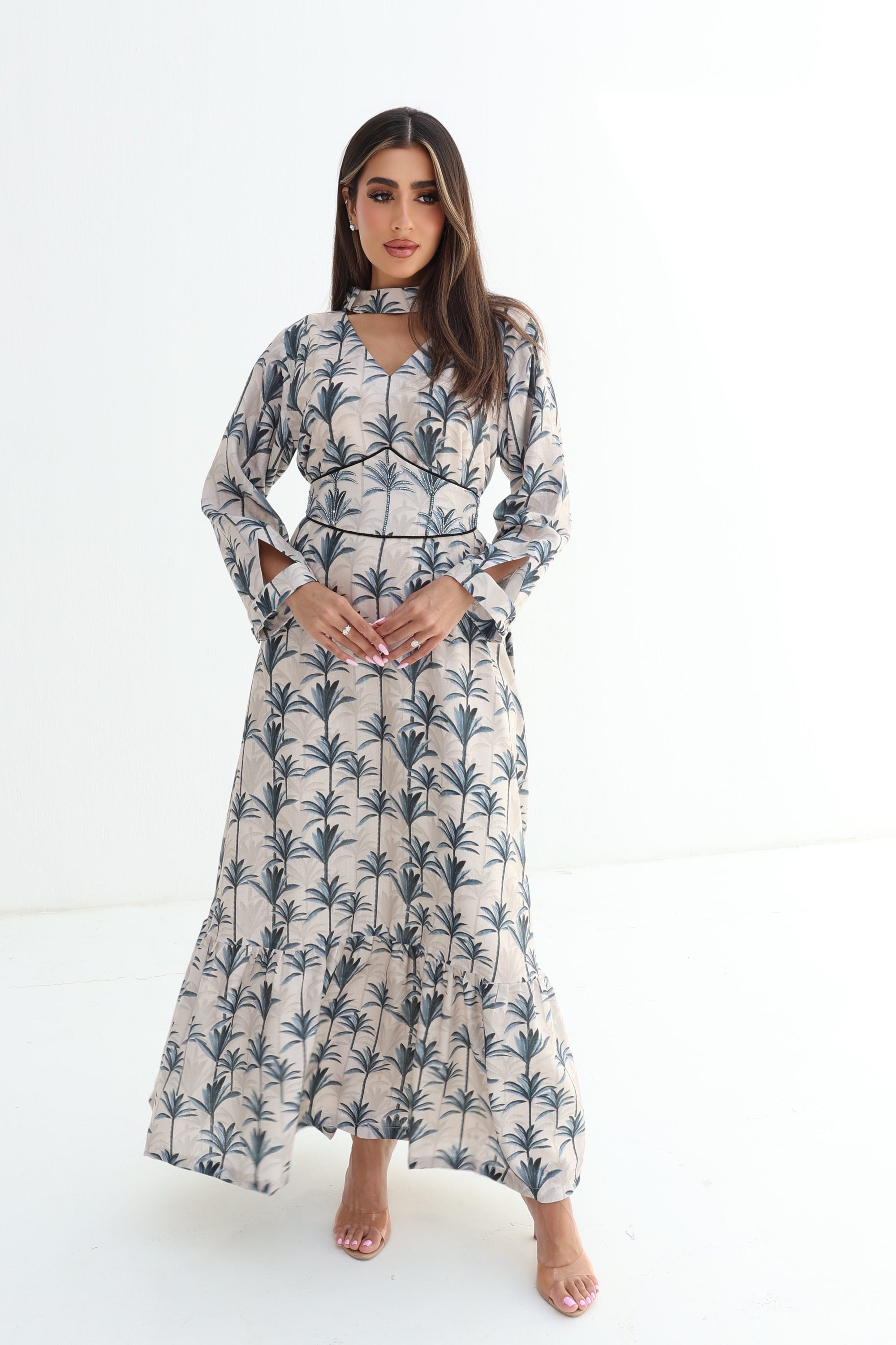 Palm Silhouette Embellished Linen Blend Dress full-length front view